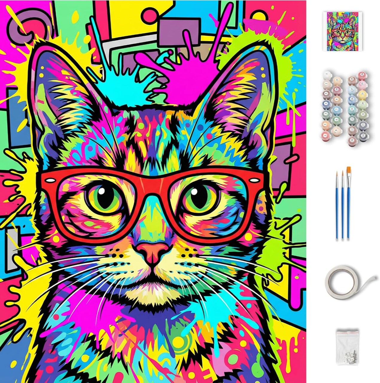 Paint By Number Vibrant Pop Art Hipster Cat Kit for Adults – Stress Relief DIY Acrylic Painting Canvas, Modern Abstract Wall Decor, 16x20 Inch (Cool Cat)